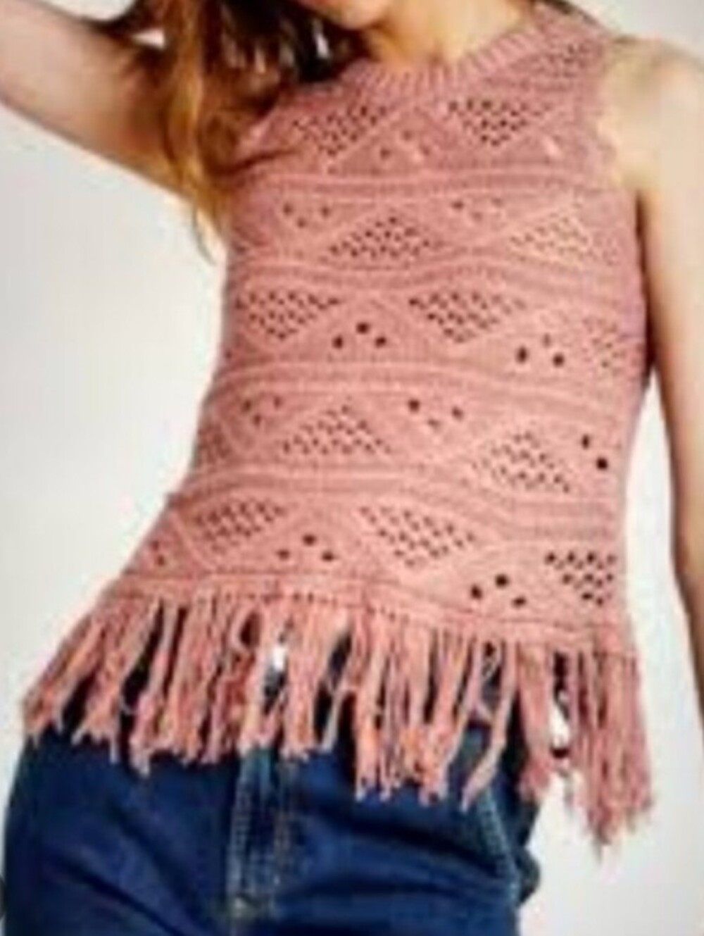 Boho Sleeveless Mauve Pink Crochet Fringe Cotton Knit Top - Women's